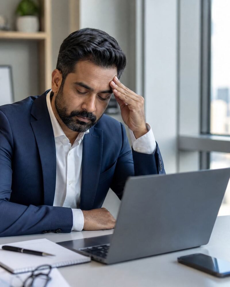 A tired man at his desk, rubbing his forehead