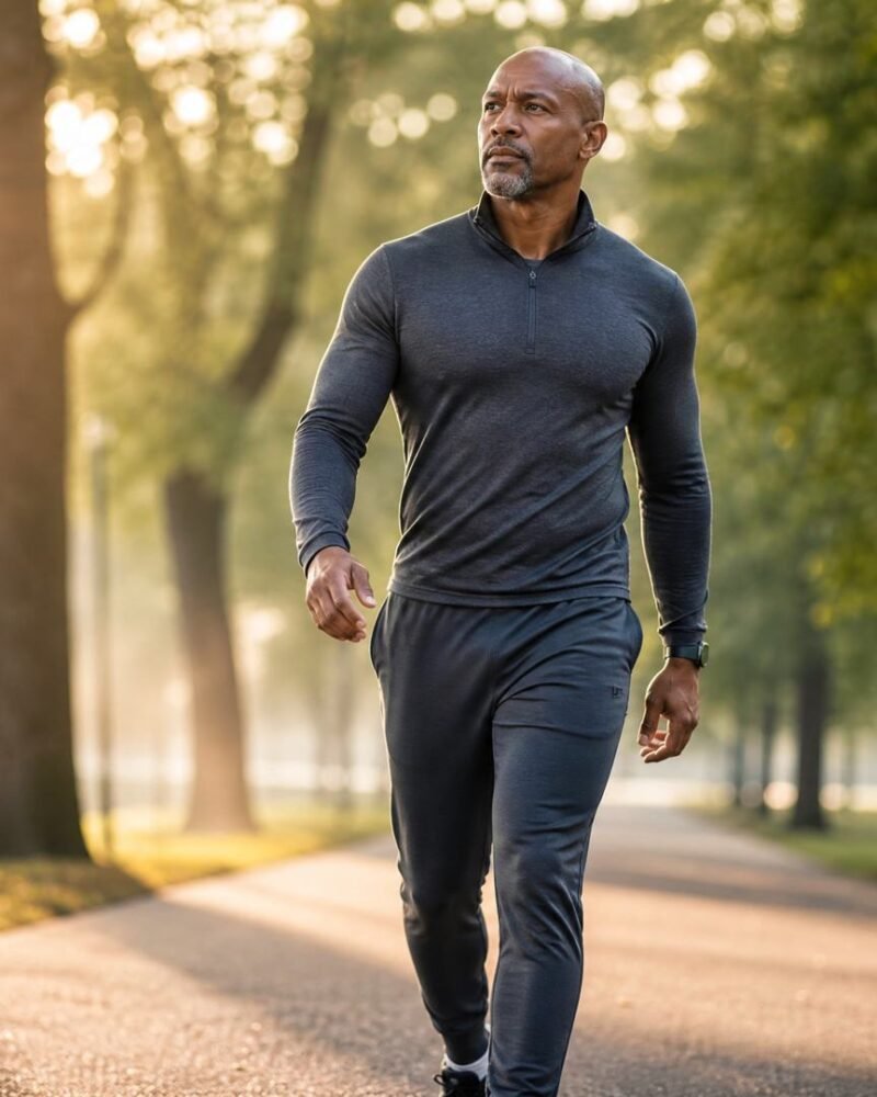 A man out for a walk at sunrise