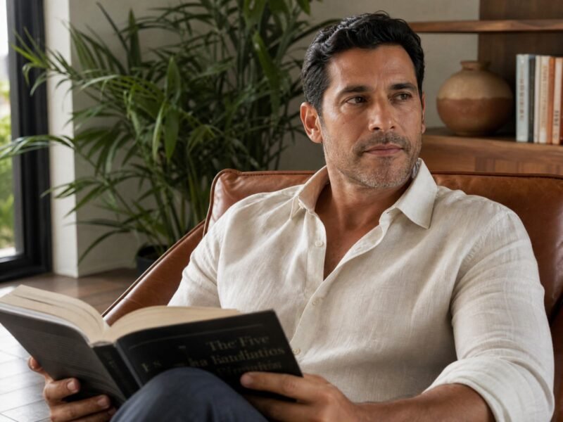 A relaxed man reading at home