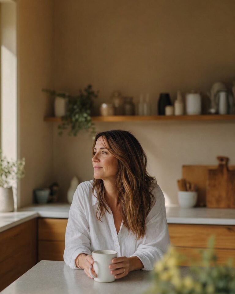 A woman holding a coffee mug, looking out the window