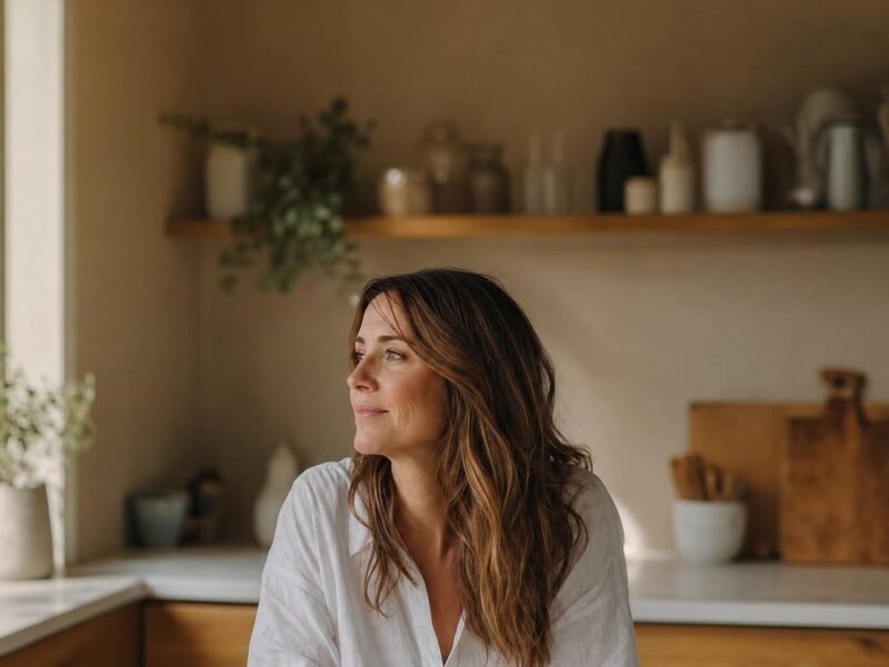 A woman holding a coffee mug, looking out the window