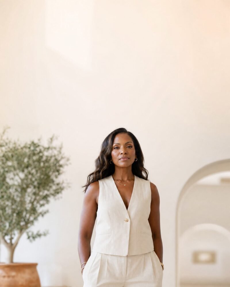 A confident woman standing in a bright room