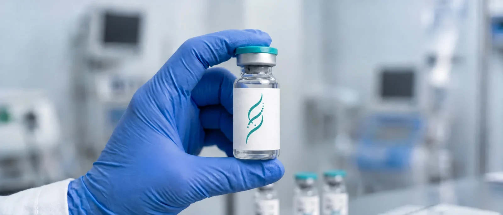 Gloved provider holding an unlabeled peptide vial