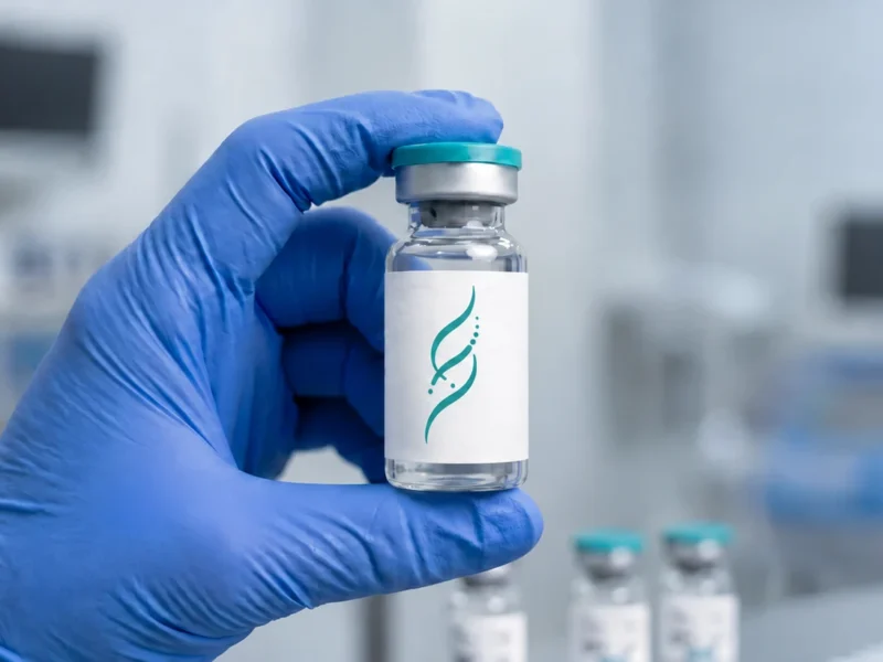 Gloved provider holding an unlabeled peptide vial